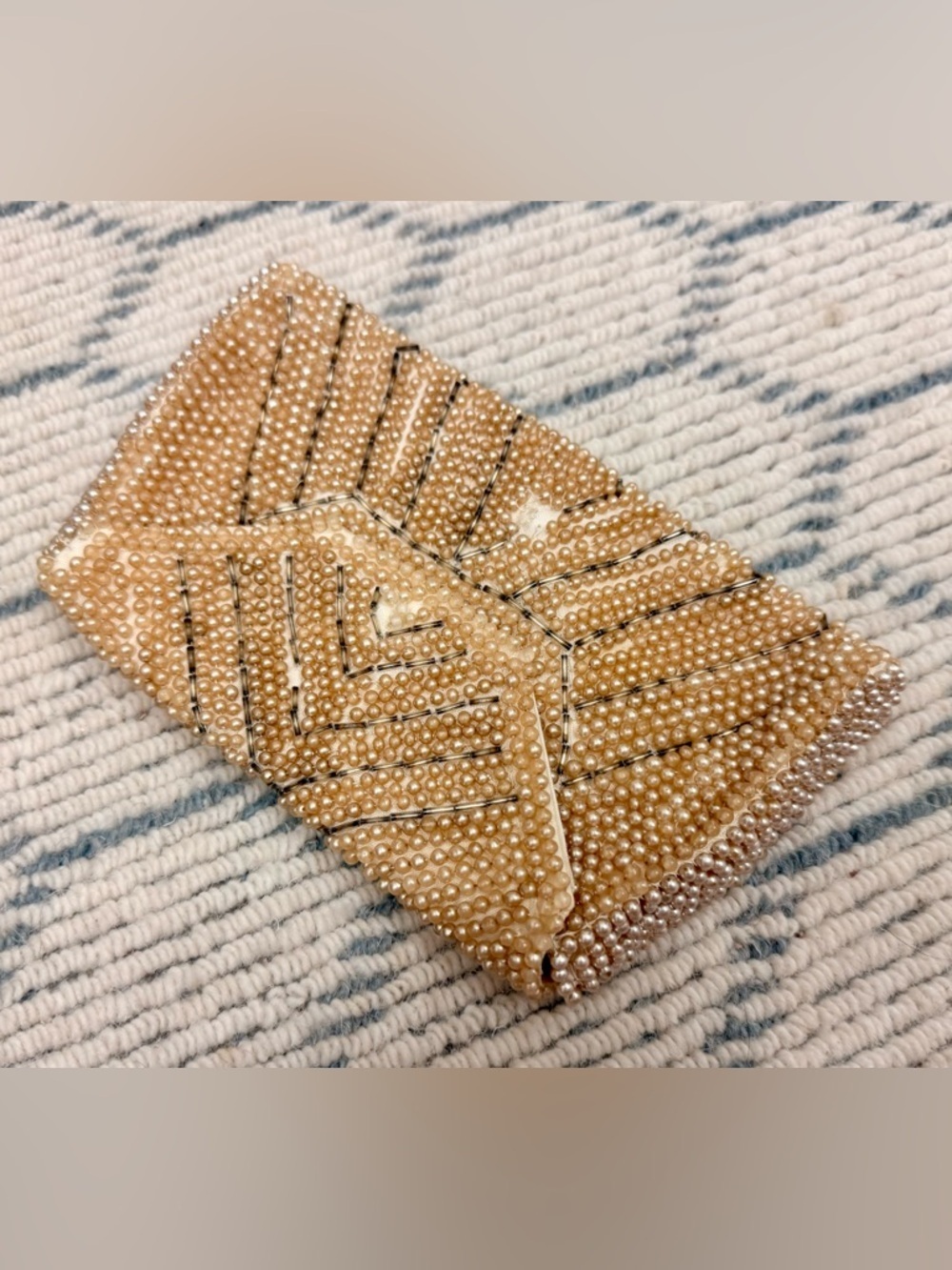 RICCI Vintage 50’s/60’s Creamy Faux Pearl Chevron Beaded Envelope Clutch Purse - Picture 10 of 16